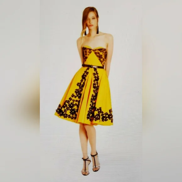 °$7000 NEW OSCAR DE LA RENTA BEAUTIFUL RUNWAY BLK YELLOW SILK BEAD DRESS US 10
